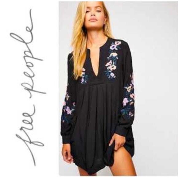 Free People Dresses & Skirts - FREE PEOPLE Mia embroidered balloon sleeve plunge neck flowy mini dress M Black